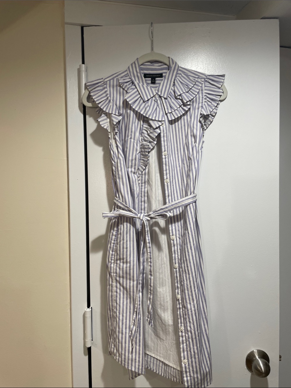 Banana Republic White and Light Blue Striped Ruffle Midi Dress